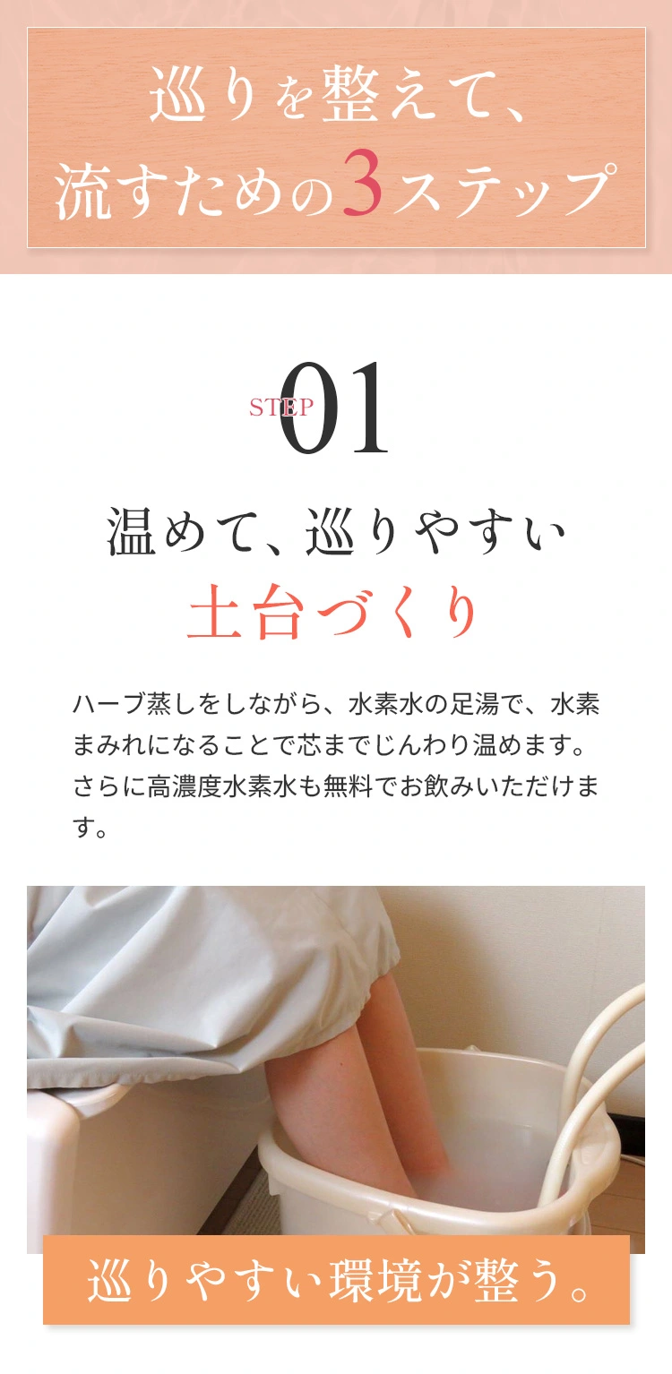 巡りを整えて、流すための3ステップ 01温めて、巡りやすい 土台づくり